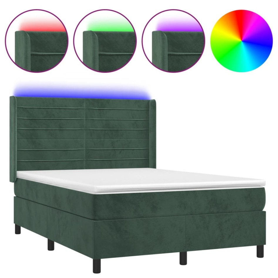 Cama box spring colchón y LED terciopelo verde oscuro
