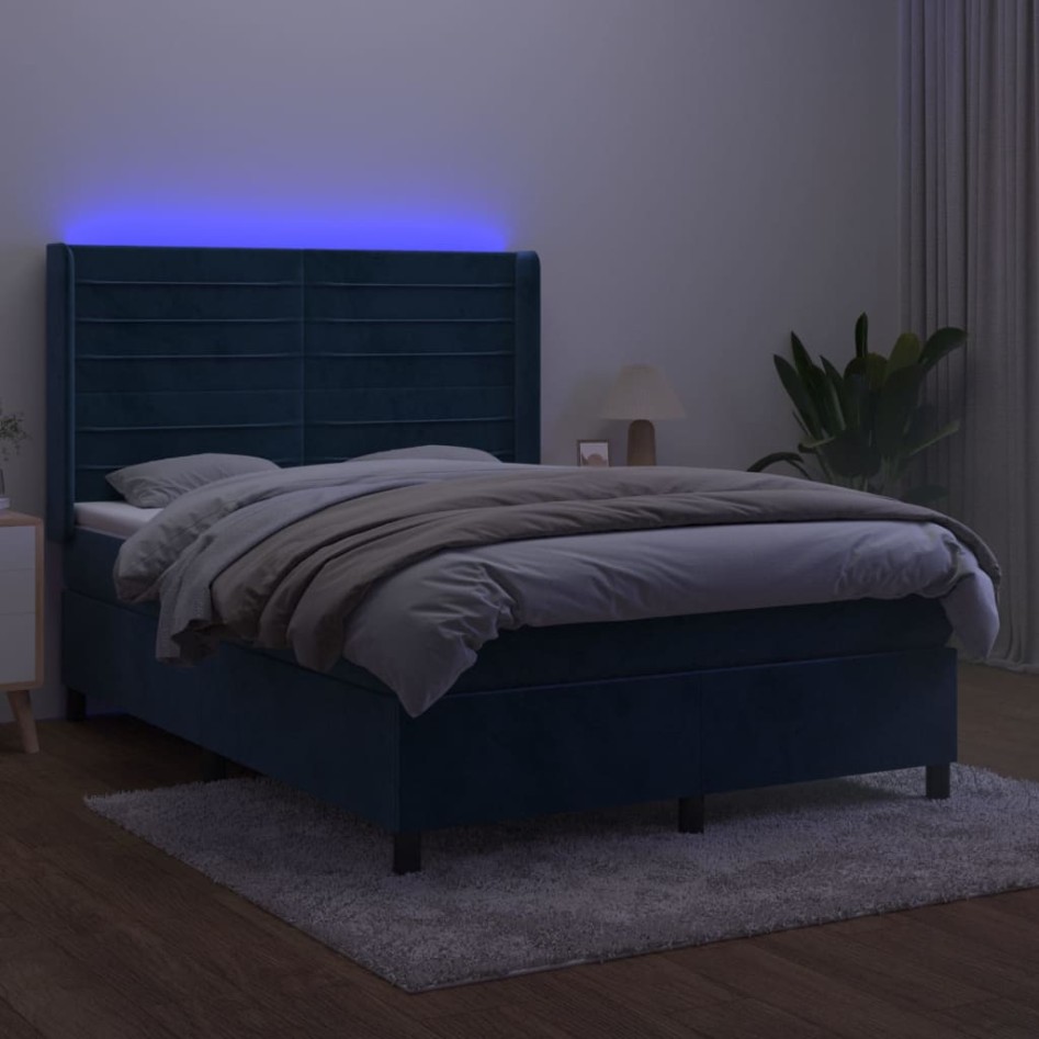 Cama box spring colchón y LED terciopelo azul oscuro 140x200