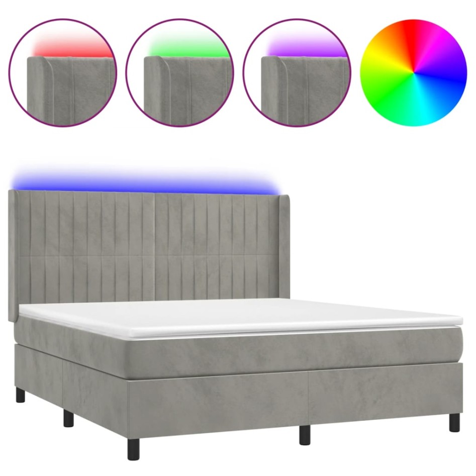 Cama box spring colchón y LED terciopelo gris claro 180x200