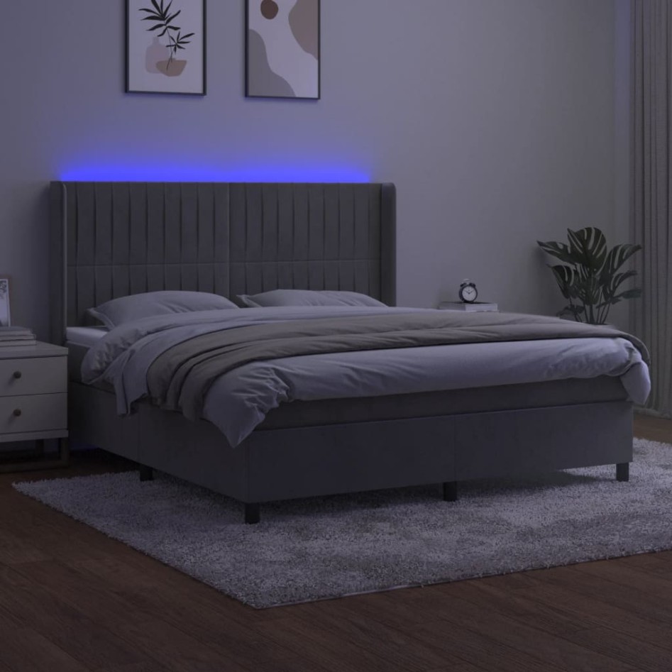 Cama box spring colchón y LED terciopelo gris claro 180x200
