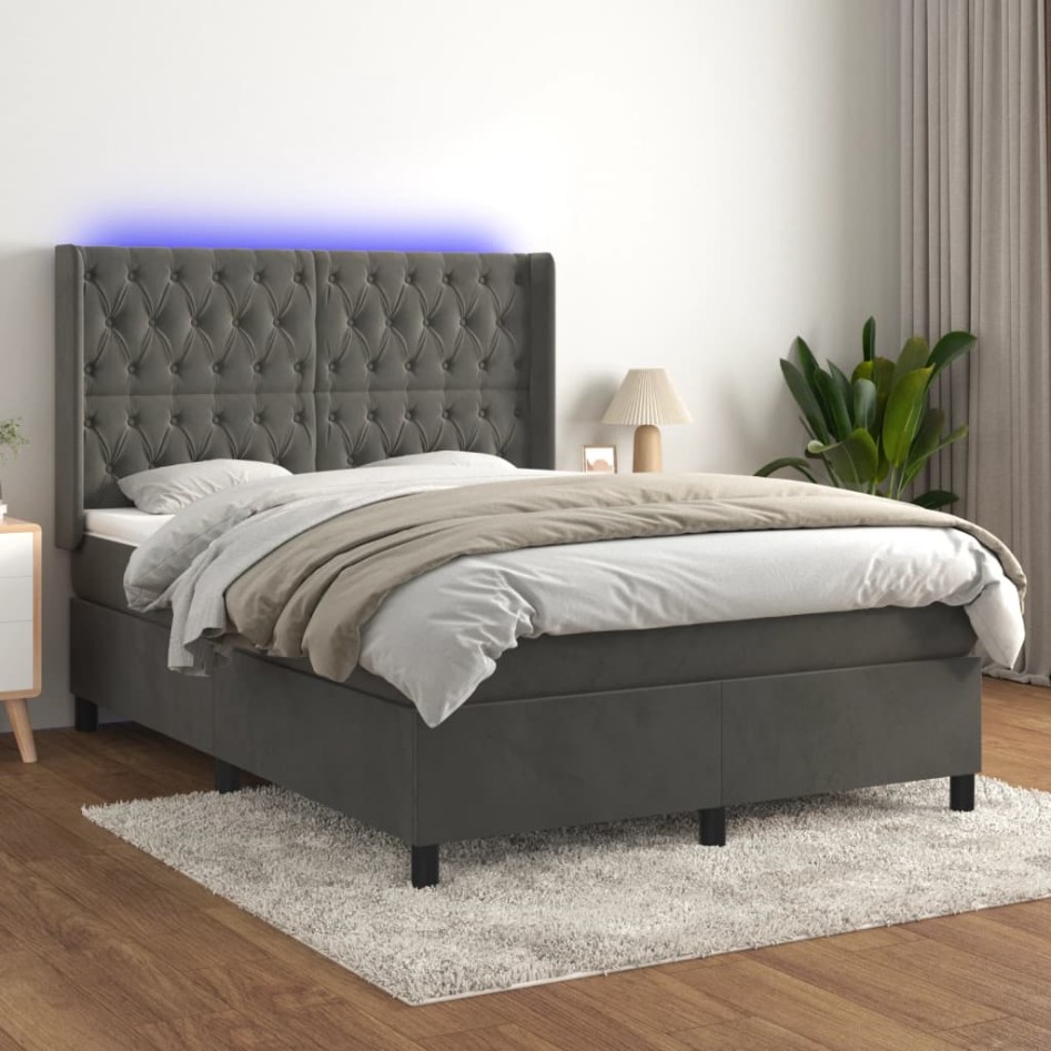 Cama box spring colchón y LED terciopelo gris oscuro 140x200