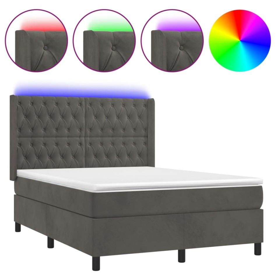 Cama box spring colchón y LED terciopelo gris oscuro 140x200