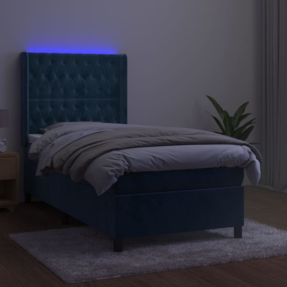 Cama box spring colchón y LED terciopelo azul oscuro 90x190