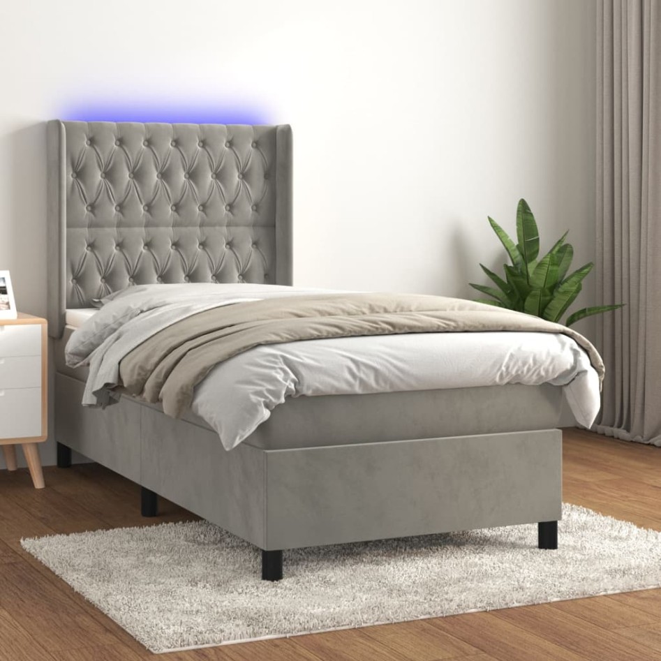 Cama box spring colchón y LED terciopelo gris claro 100x200