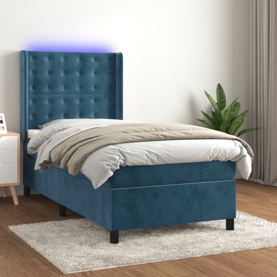 Cama box spring colchón y LED terciopelo azul oscuro 80x200