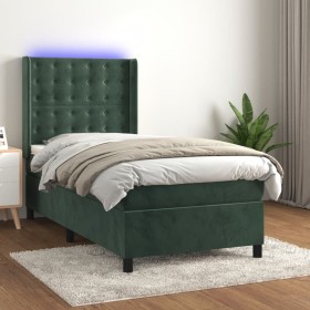 Cama box spring colchón y LED terciopelo verde oscuro 90x200