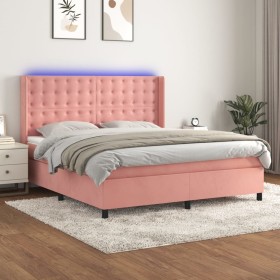 Cama box spring colchón y LED terciopelo rosa 160x200