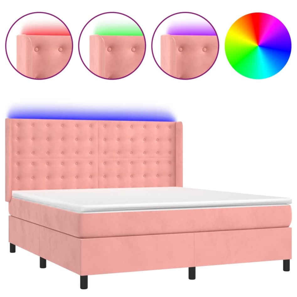 Cama box spring colchón y LED terciopelo rosa 160x200