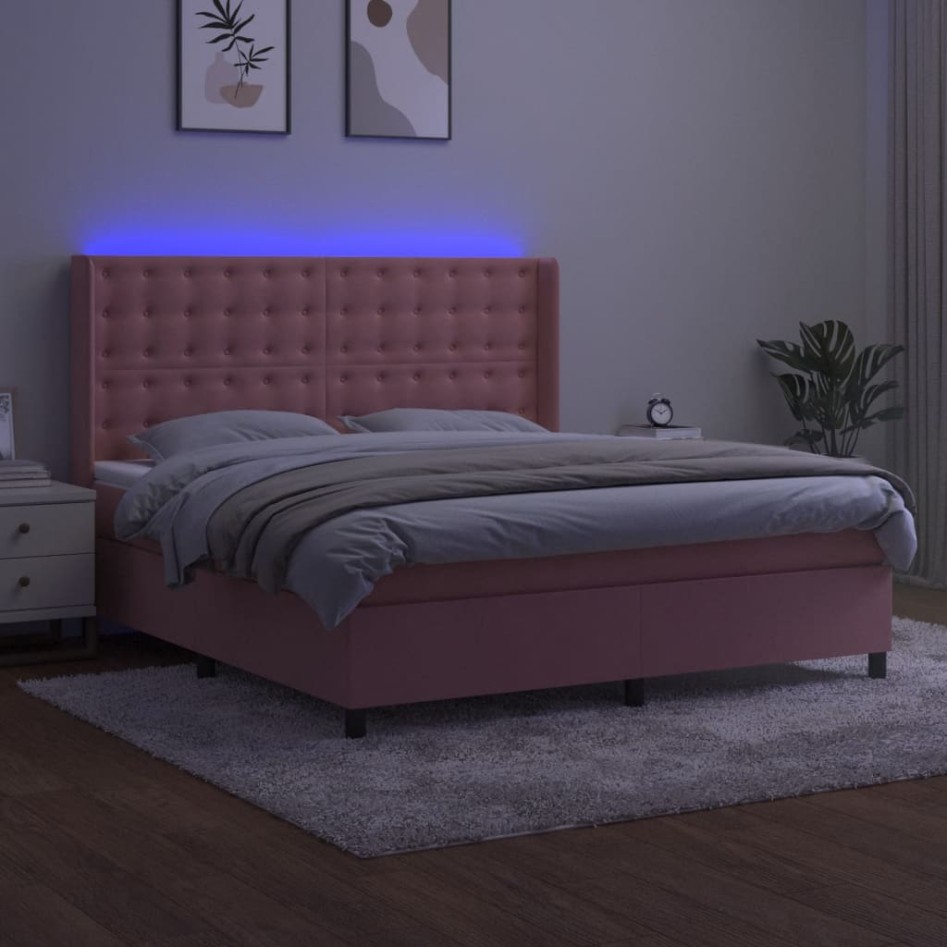 Cama box spring colchón y LED terciopelo rosa 160x200