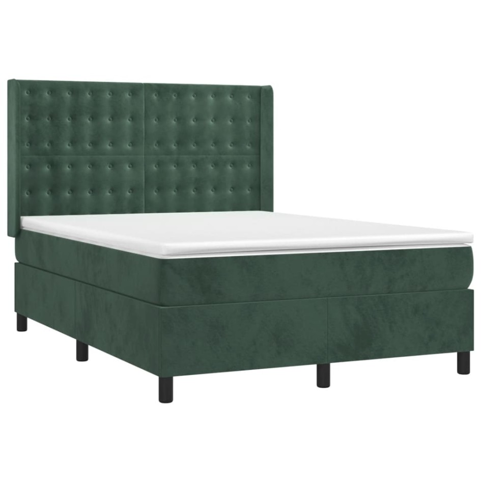 Cama box spring colchón y LED terciopelo verde oscuro