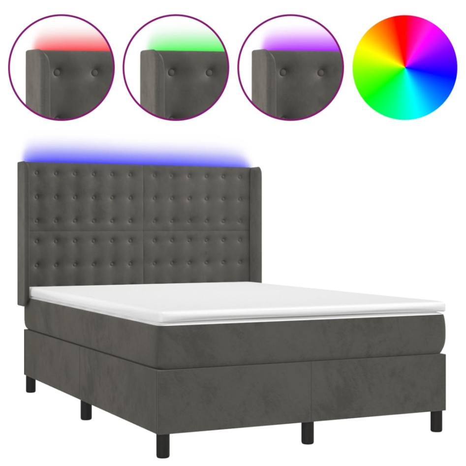 Cama box spring colchón y LED terciopelo gris oscuro 140x190