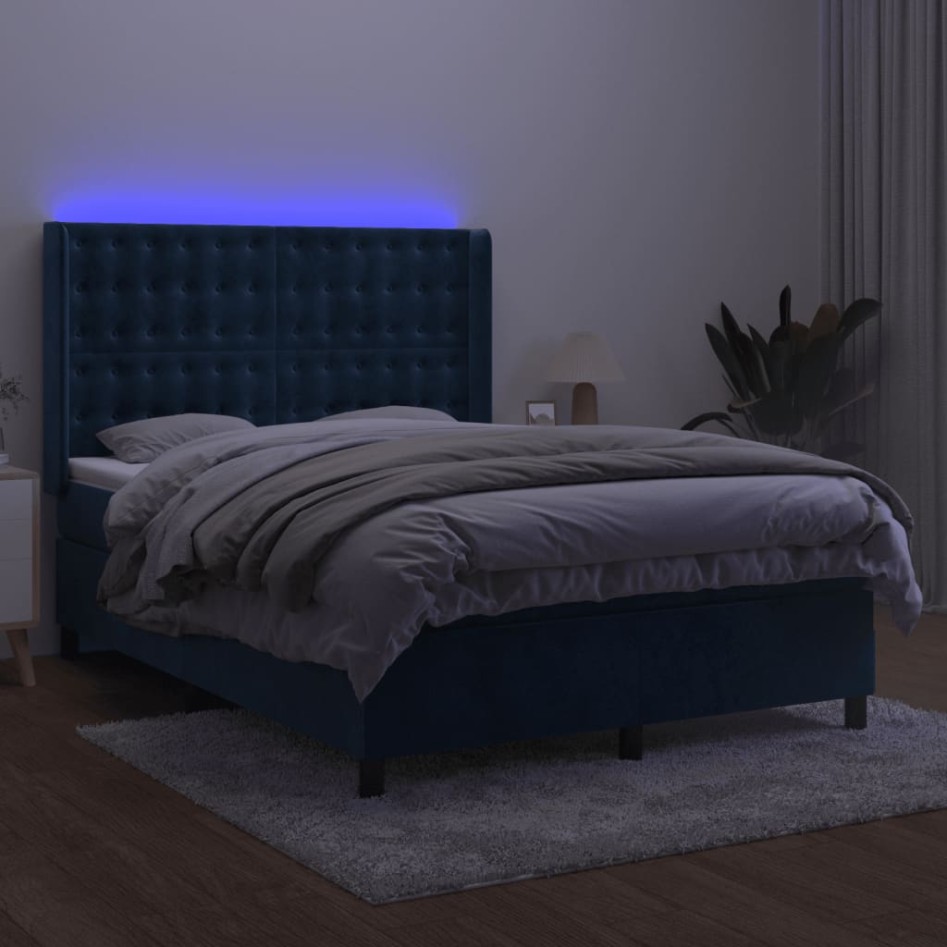 Cama box spring colchón y LED terciopelo azul oscuro 140x200