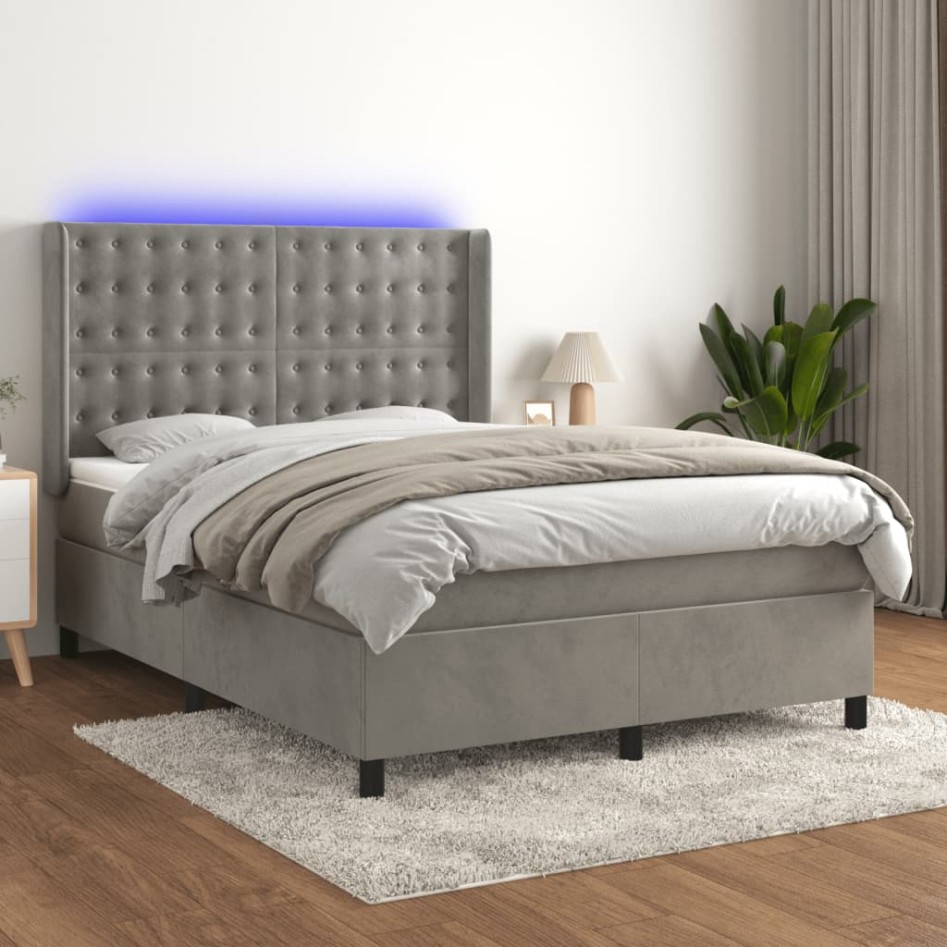 Cama box spring colchón y LED terciopelo gris claro 140x190