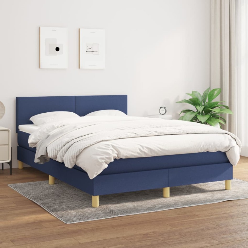 Cama box spring con colchón tela azul 140x190