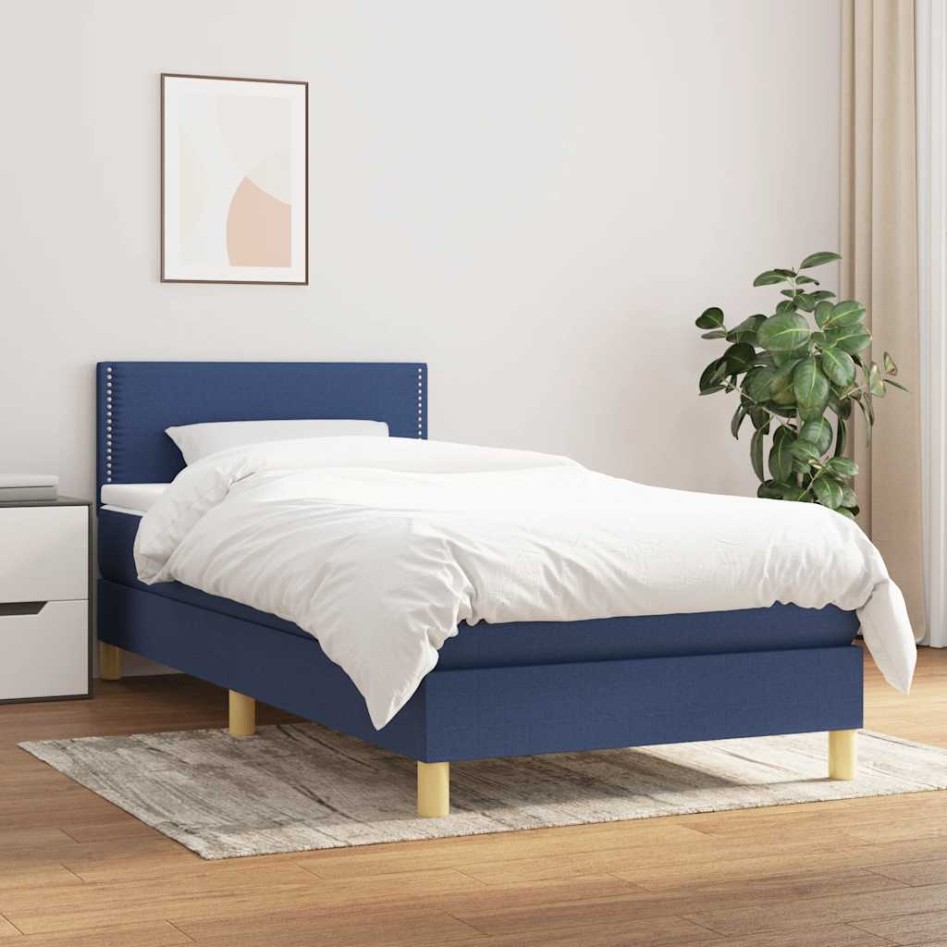 Cama box spring con colchón tela azul 80x200