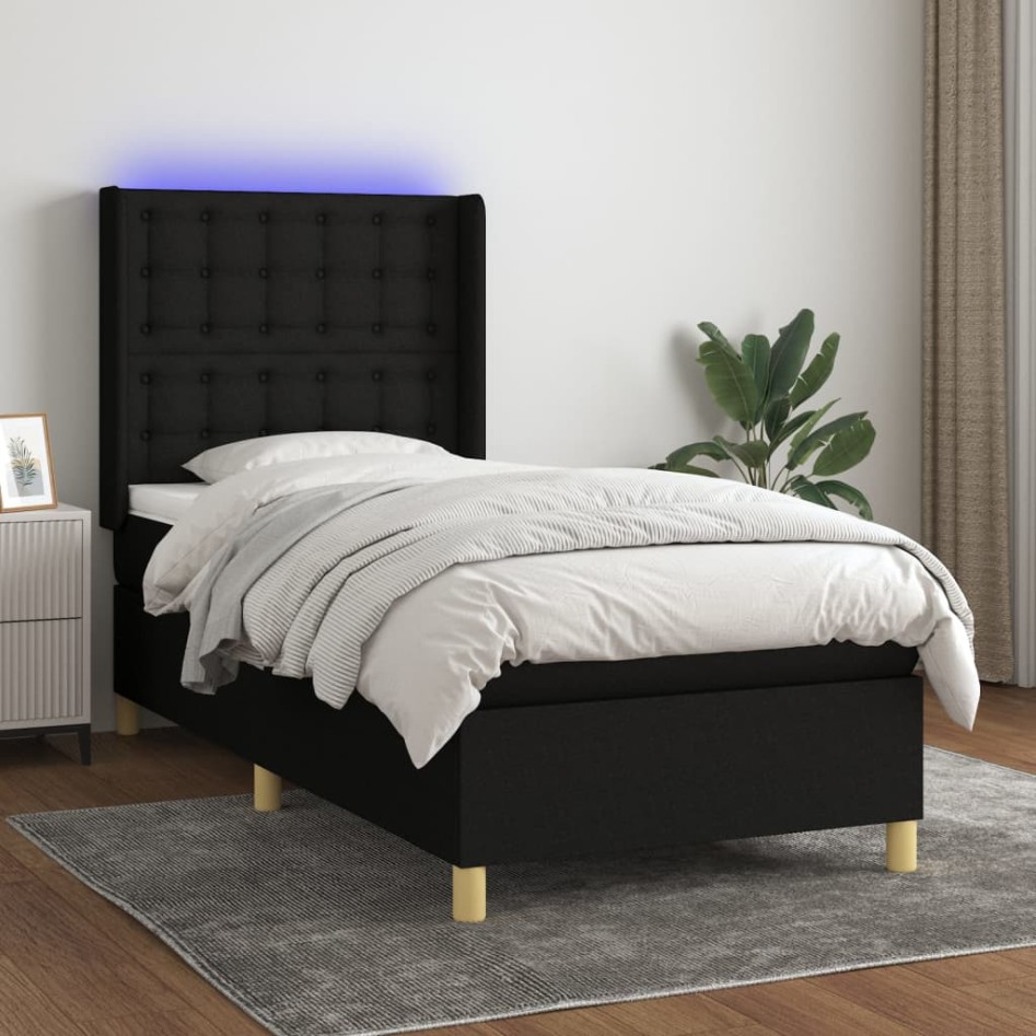 Cama box spring colchón y luces LED tela negro 80x200