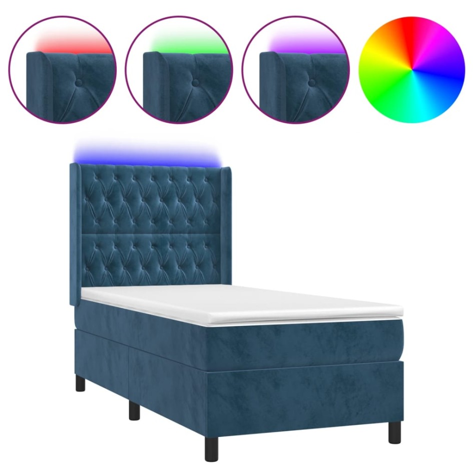 Cama box spring colchón y LED terciopelo azul oscuro 90x200