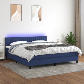 Cama box spring colchón y luces LED tela azul 160x200
