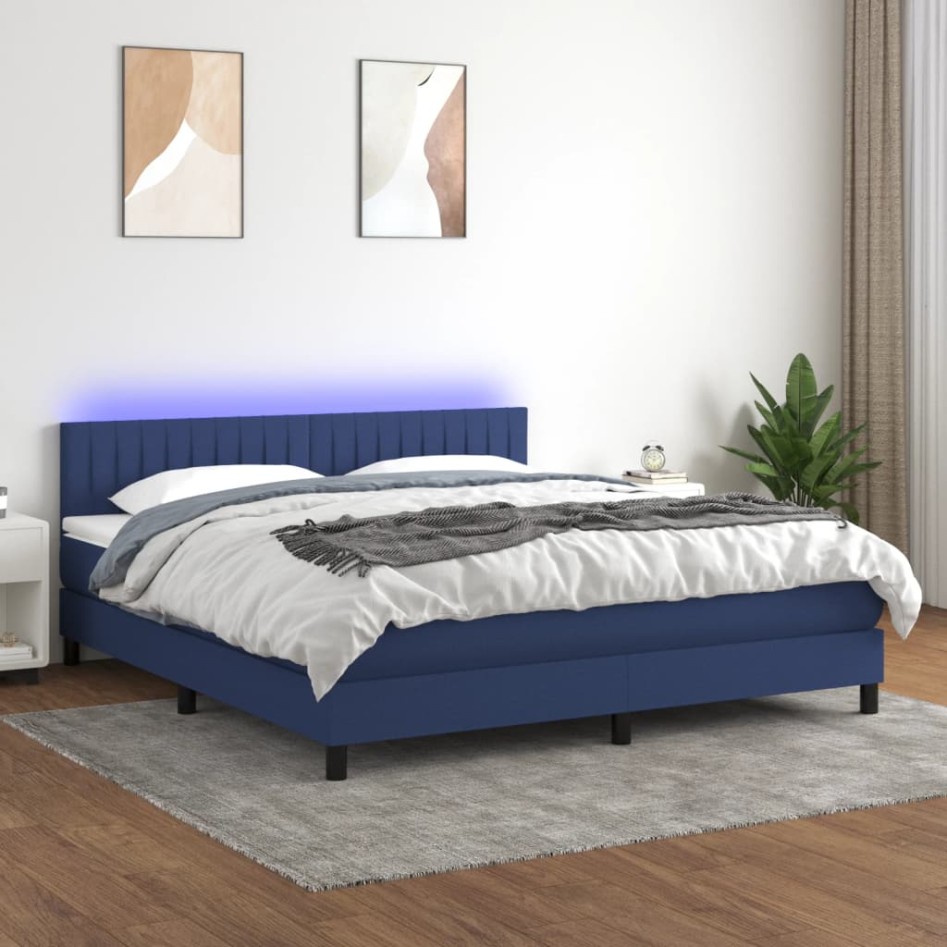 Cama box spring colchón y luces LED tela azul 160x200