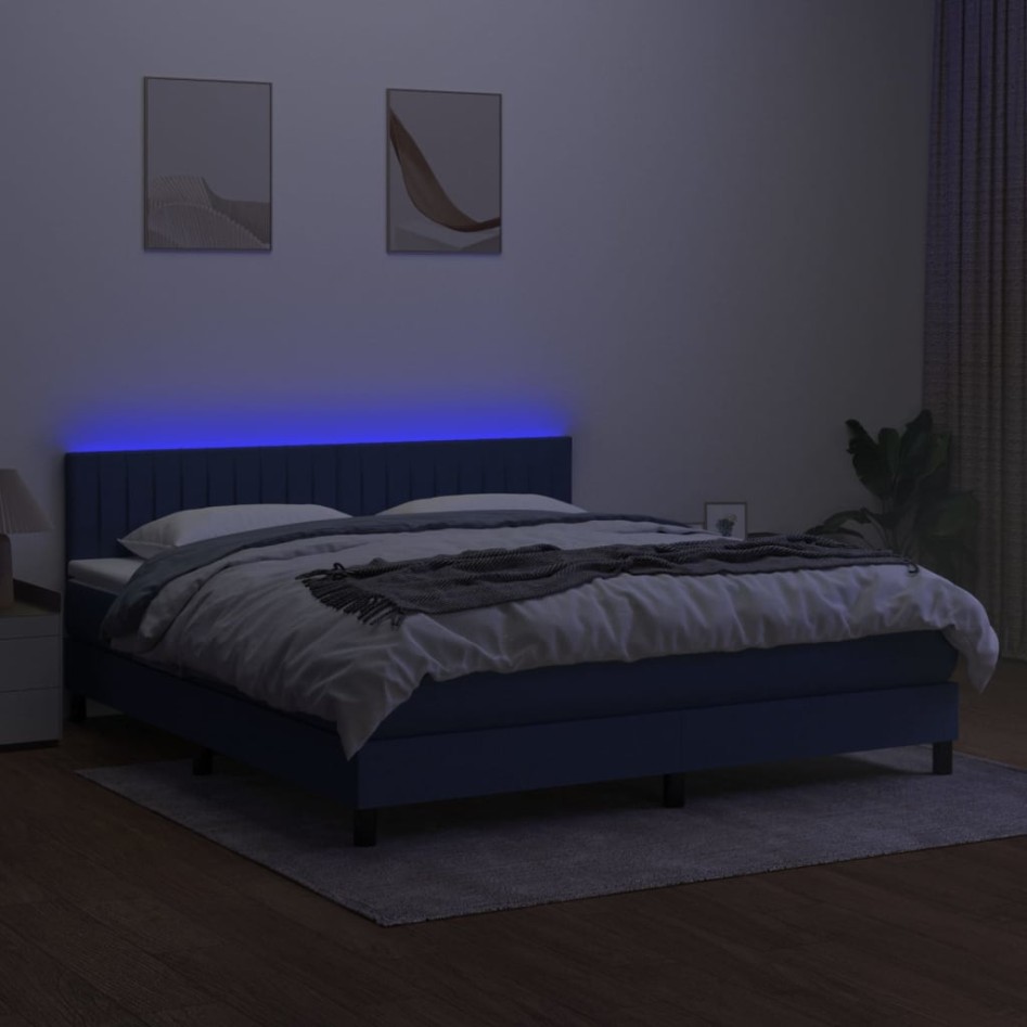 Cama box spring colchón y luces LED tela azul 160x200