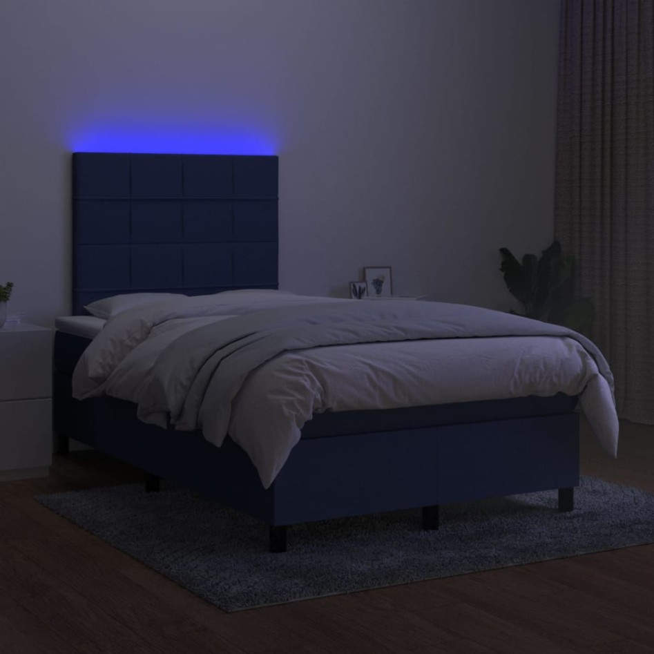 Cama box spring con colchón y LED tela azul 120x200
