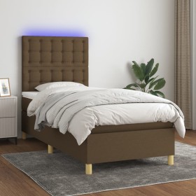 Cama box spring colchón y luces LED tela marrón oscuro