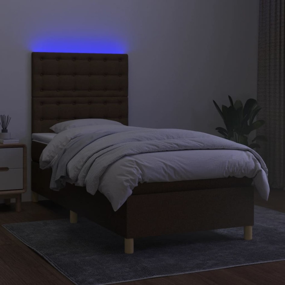 Cama box spring colchón y luces LED tela marrón oscuro