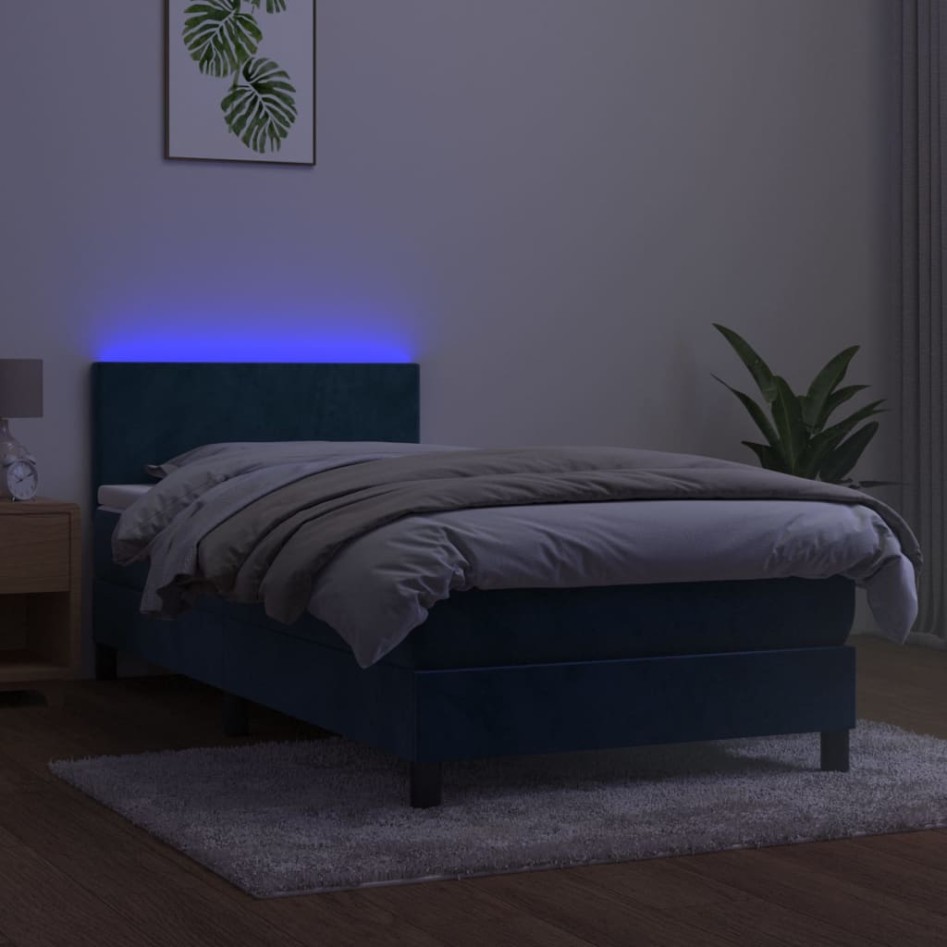 Cama box spring colchón y LED terciopelo azul oscuro 80x200