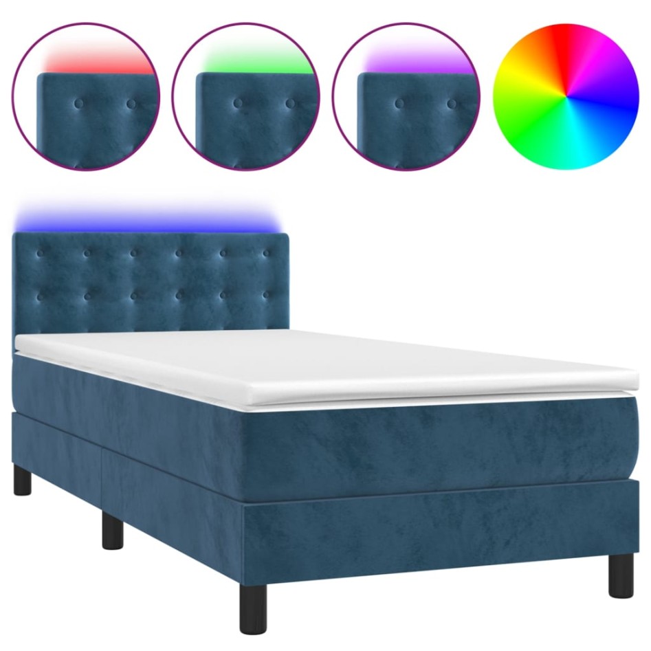 Cama box spring colchón y LED terciopelo azul oscuro 80x200