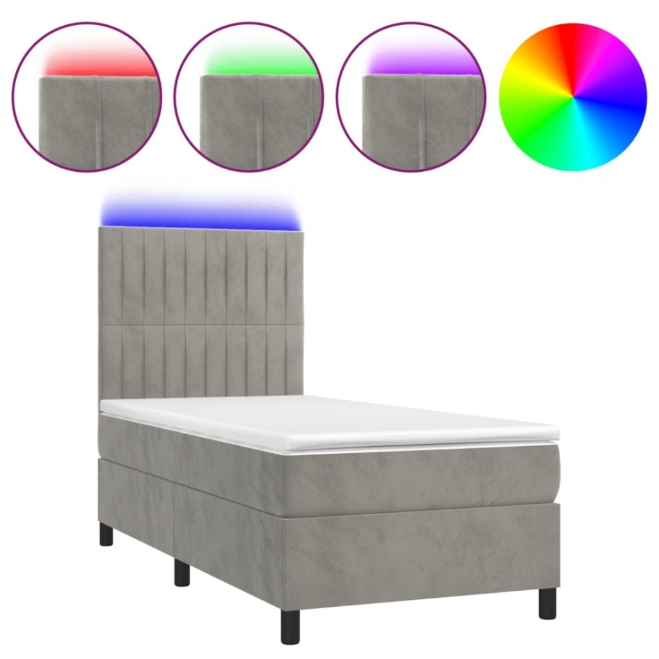 Cama box spring colchón y LED terciopelo gris claro 90x200