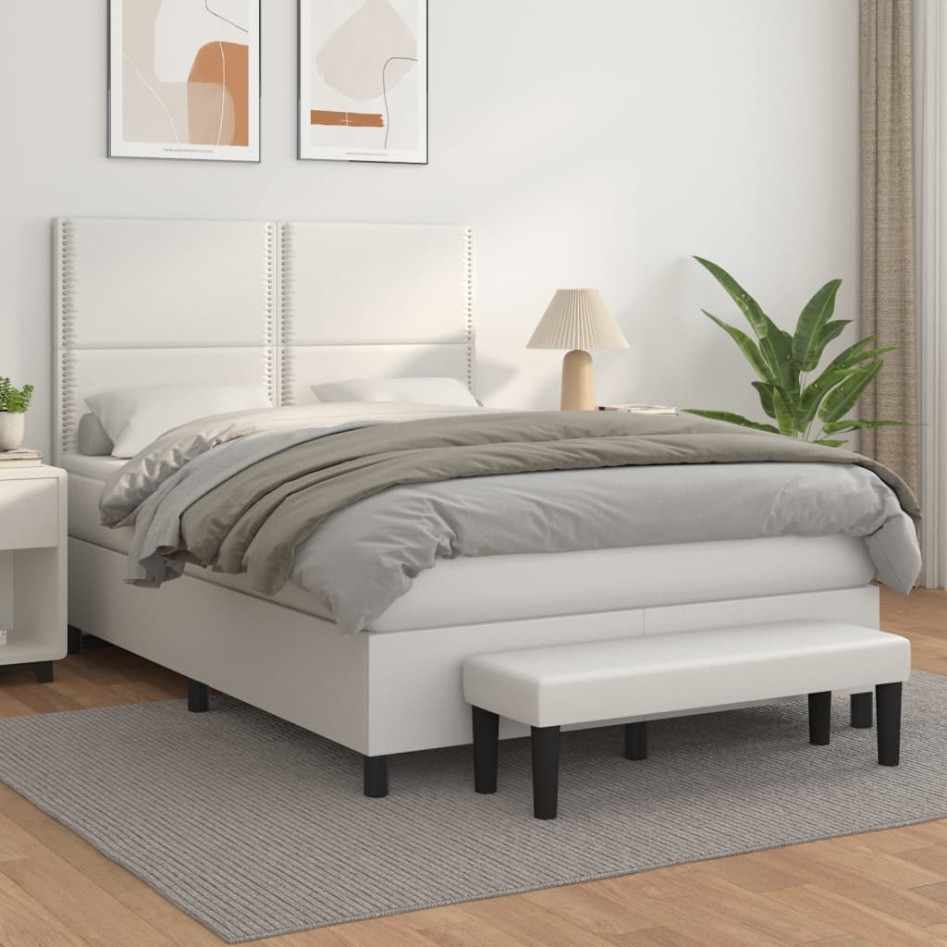 Cama box spring con colchón cuero sintético blanco