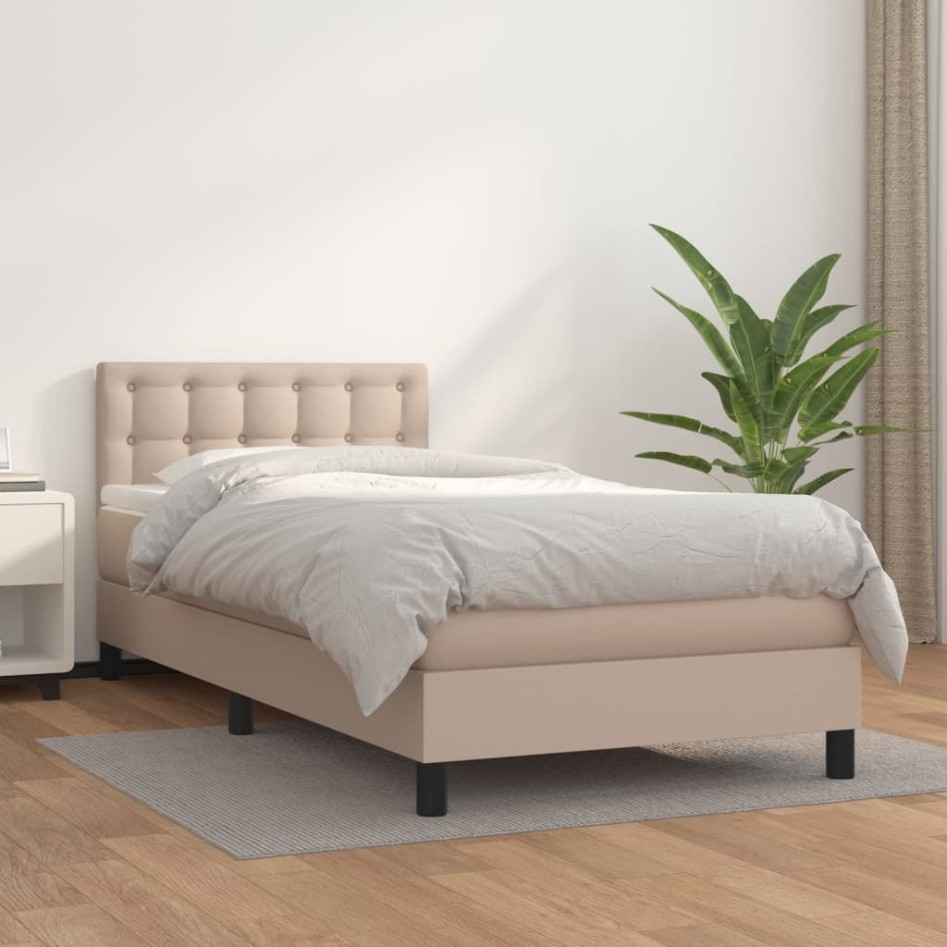 Cama box spring con colchón cuero sintético capuchino 90x190