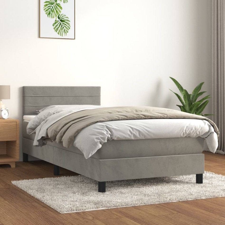 Cama box spring con colchón terciopelo gris claro 90x190