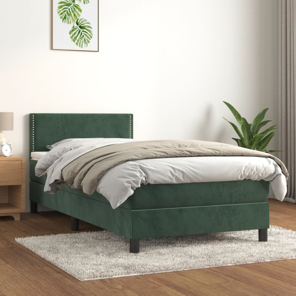 Cama box spring con colchón terciopelo verde oscuro 80x200
