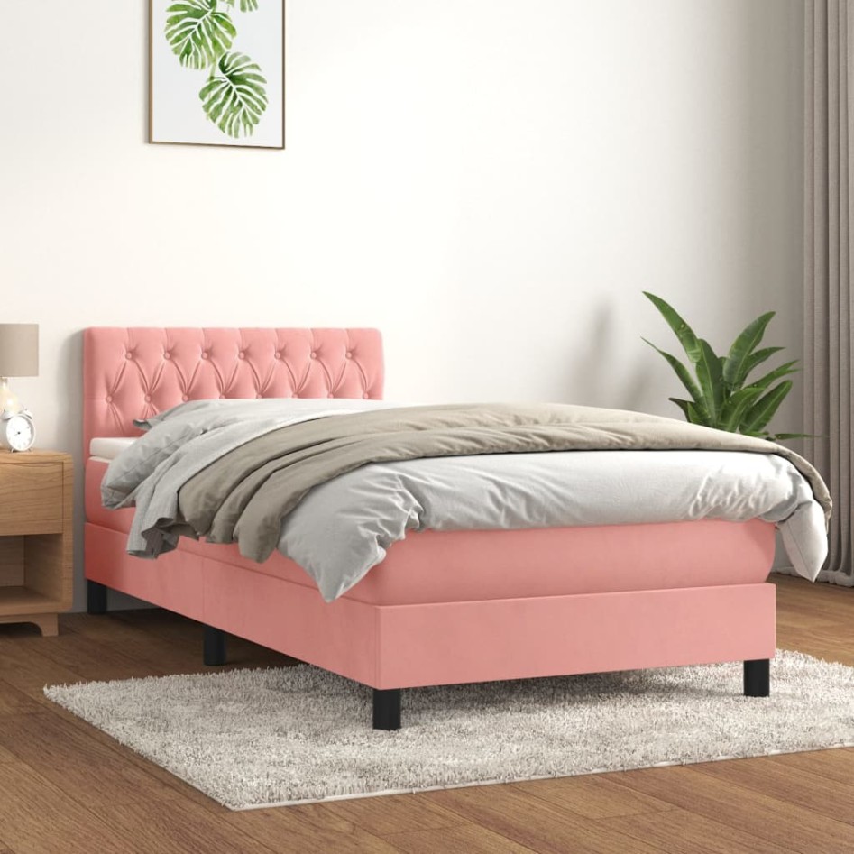 Cama box spring con colchón terciopelo rosa 90x200