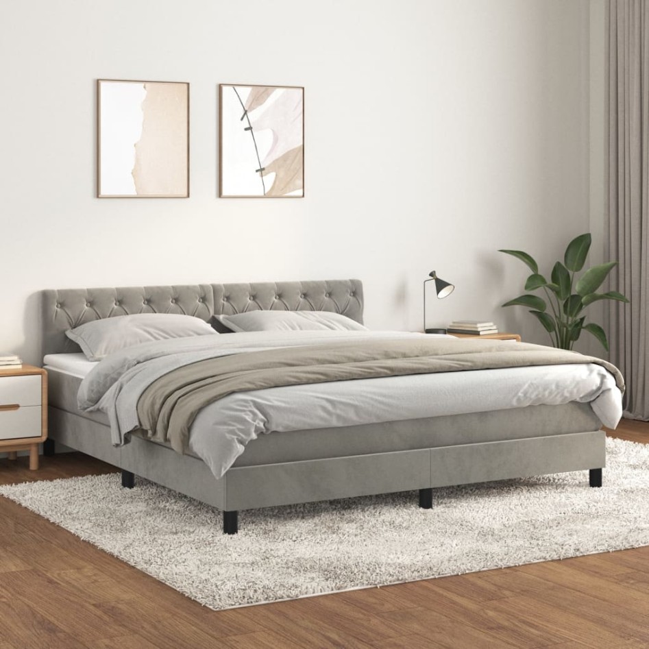 Cama box spring con colchón terciopelo gris claro 160x200