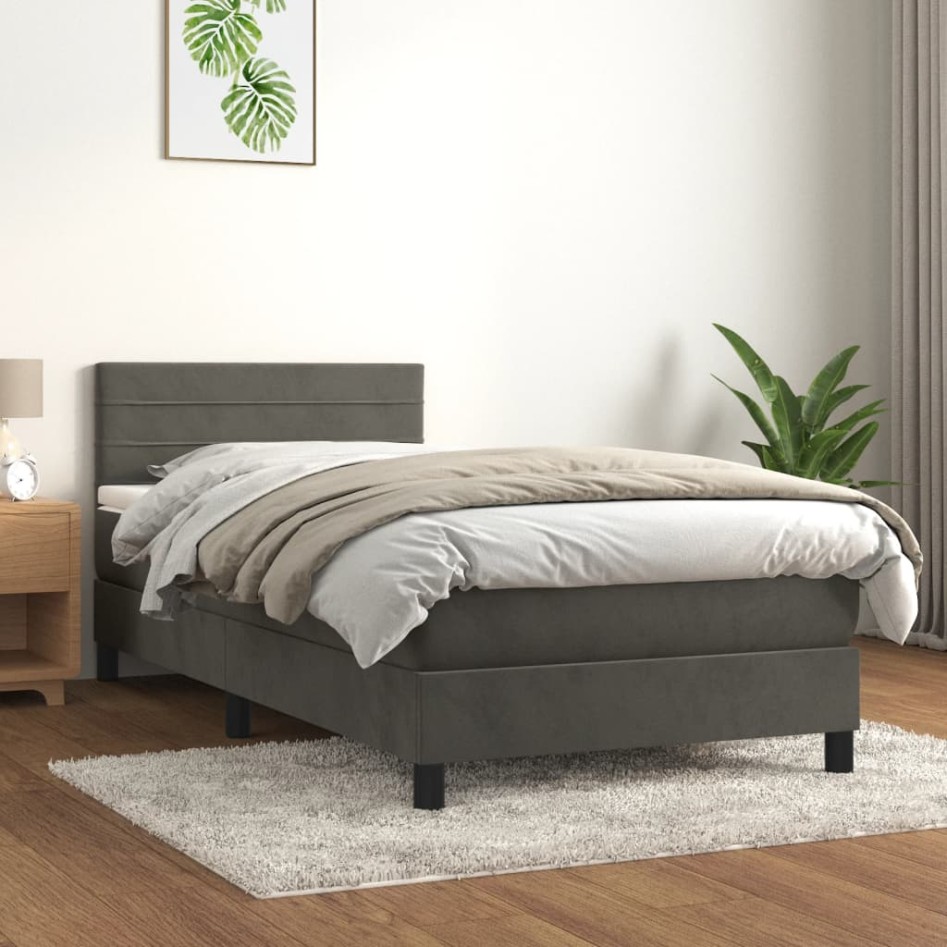 Cama box spring con colchón terciopelo gris oscuro 100x200