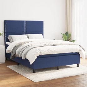 Cama box spring con colchón tela azul 140x200