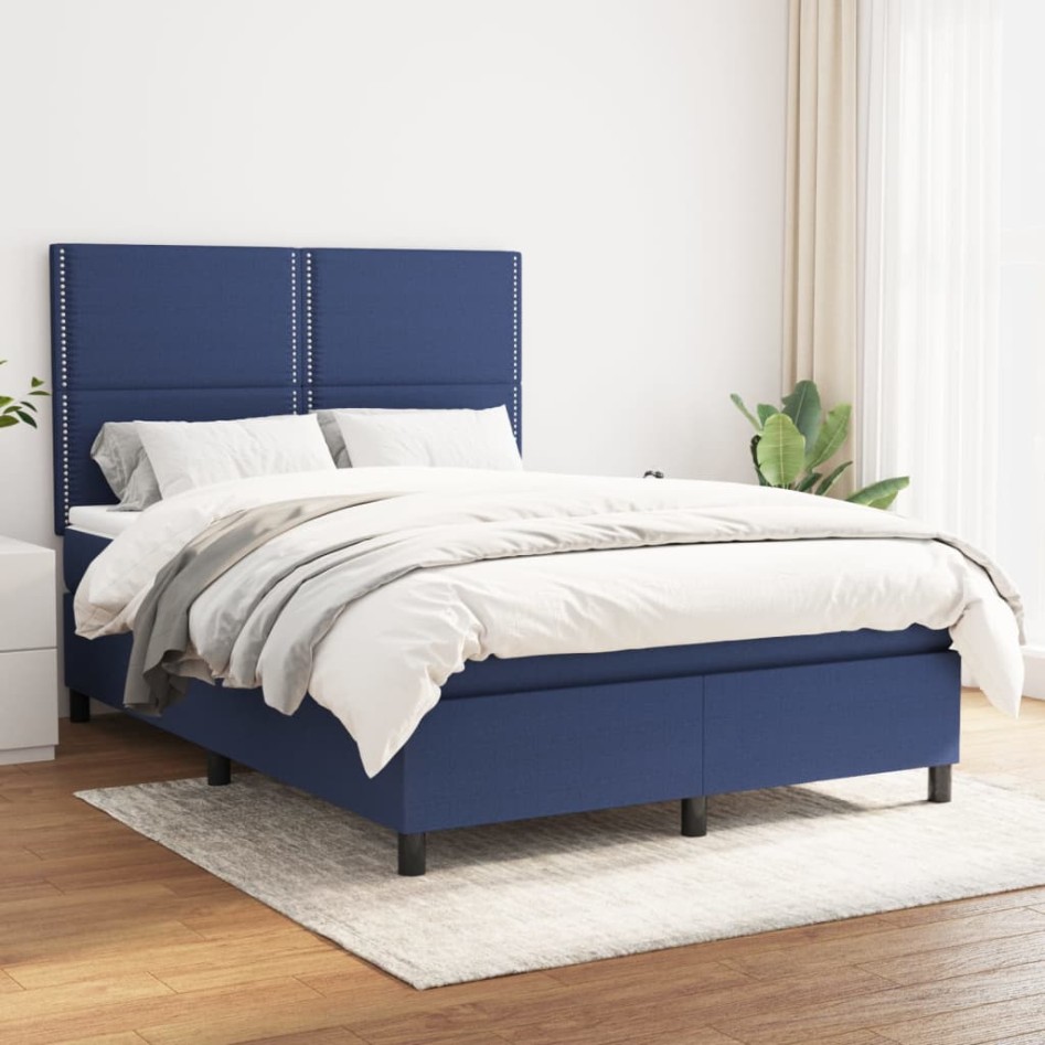 Cama box spring con colchón tela azul 140x200