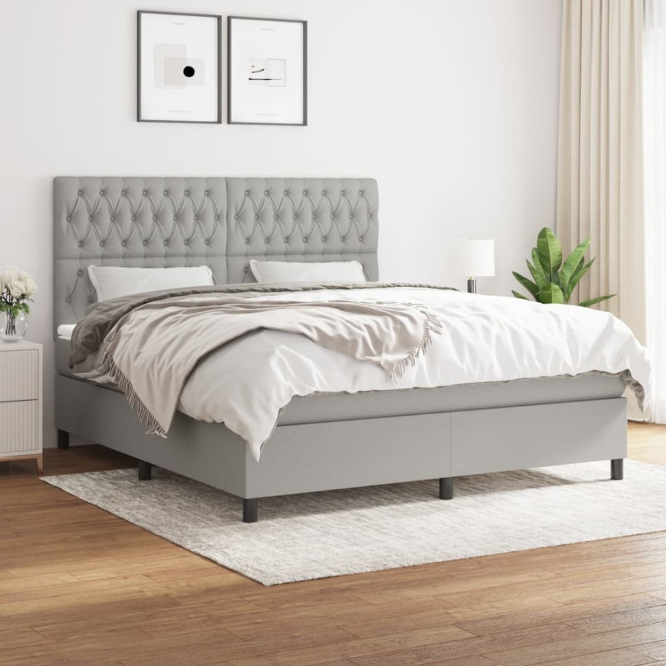 Cama box spring con colchón tela gris claro 180x200