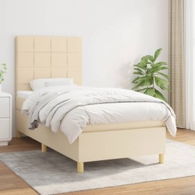 Cama box spring con colchón tela color crema 90x190