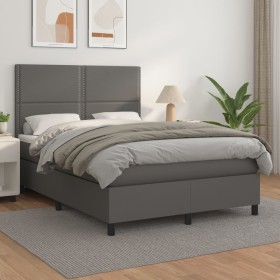 Cama box spring con colchón cuero sintético gris 140x200