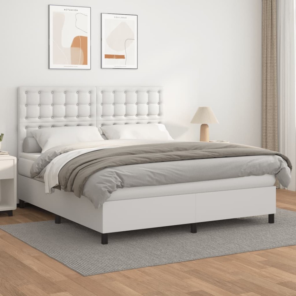 Cama box spring con colchón cuero sintético blanco 160x200