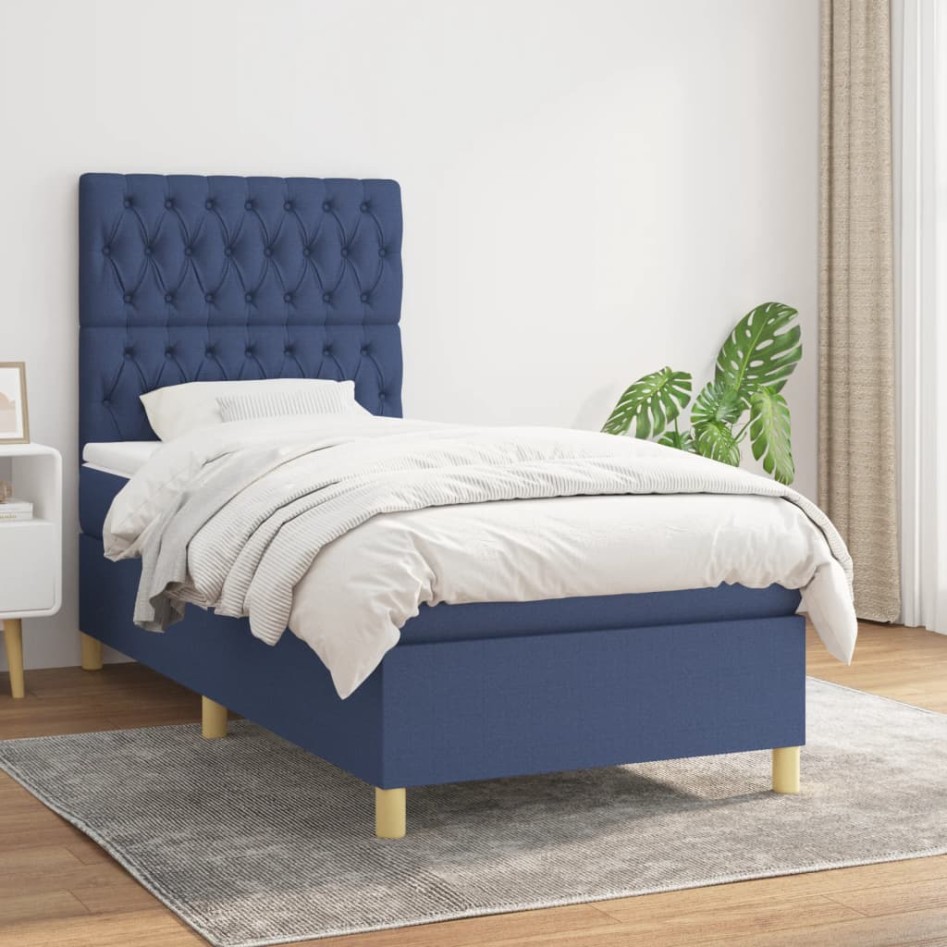 Cama box spring con colchón tela azul 90x190