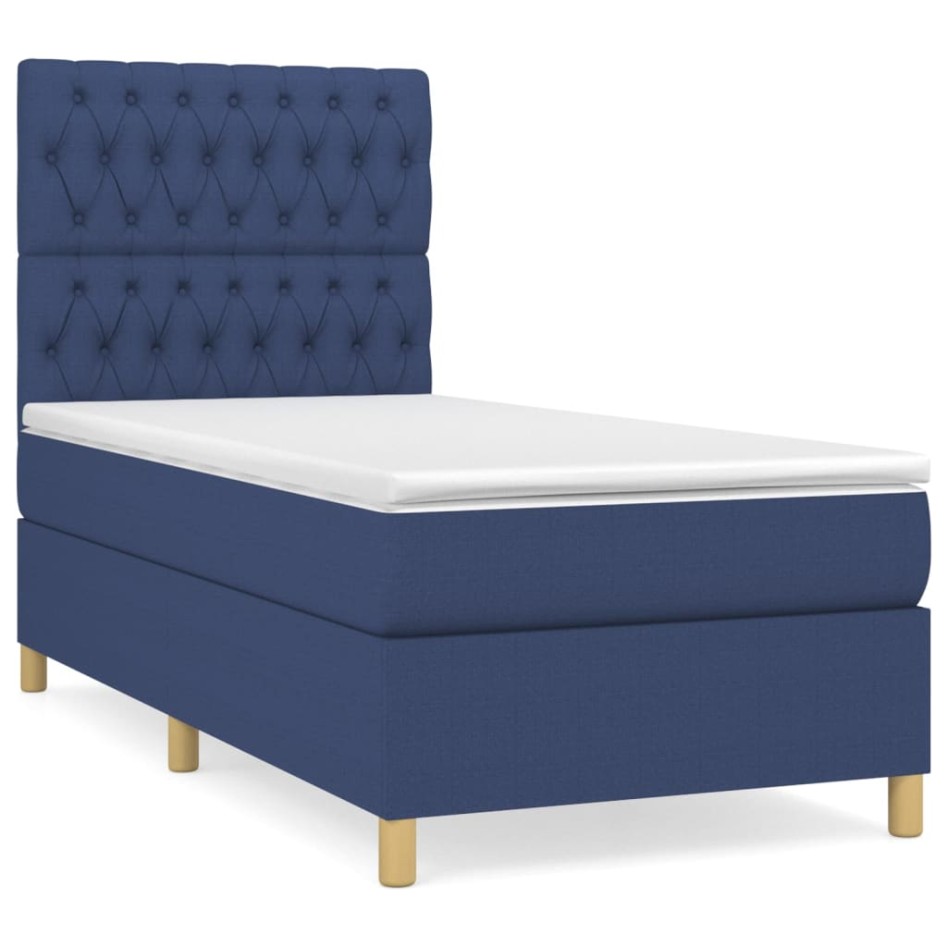Cama box spring con colchón tela azul 90x190