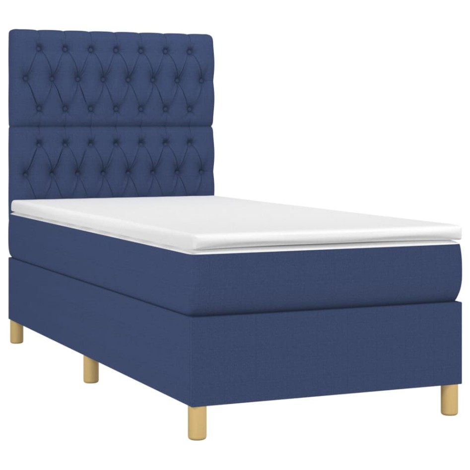 Cama box spring con colchón tela azul 90x190