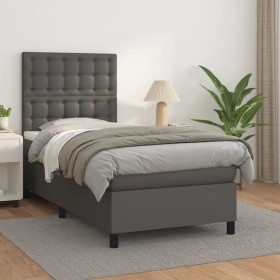 Cama box spring con colchón cuero sintético gris 90x190