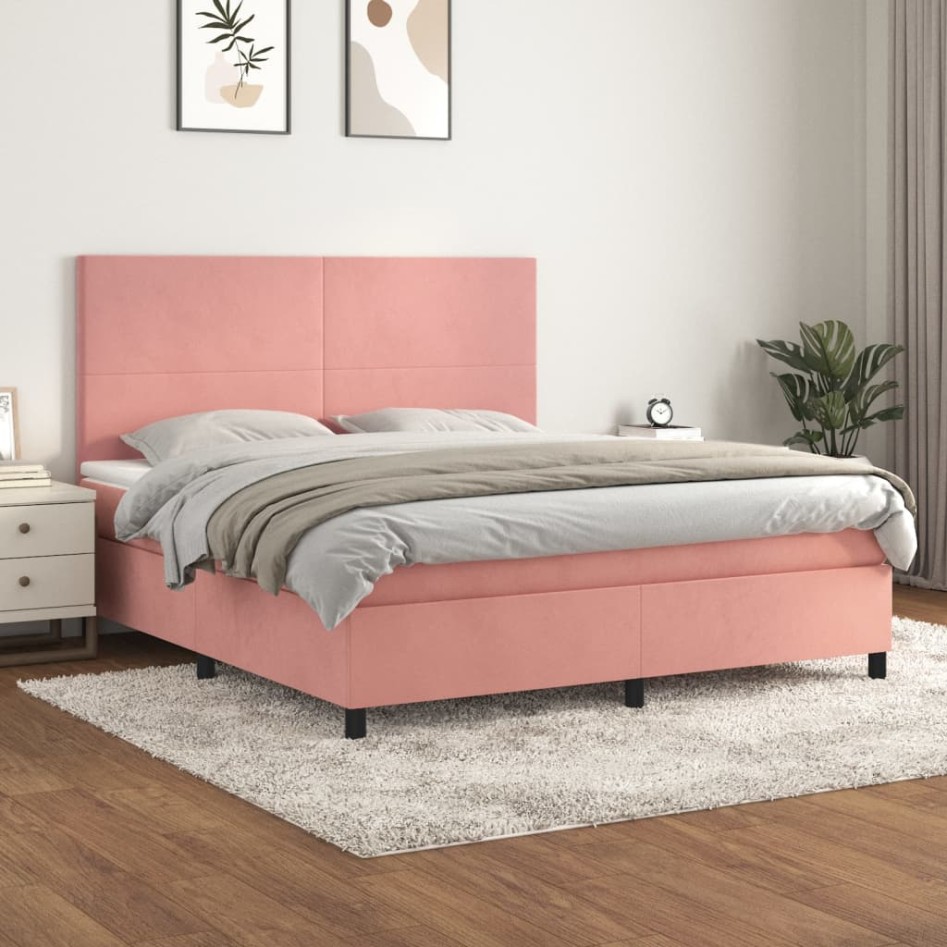 Cama box spring con colchón terciopelo rosa 180x200