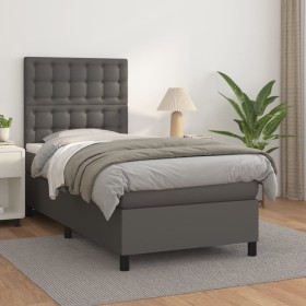 Cama box spring con colchón cuero sintético gris 100x200