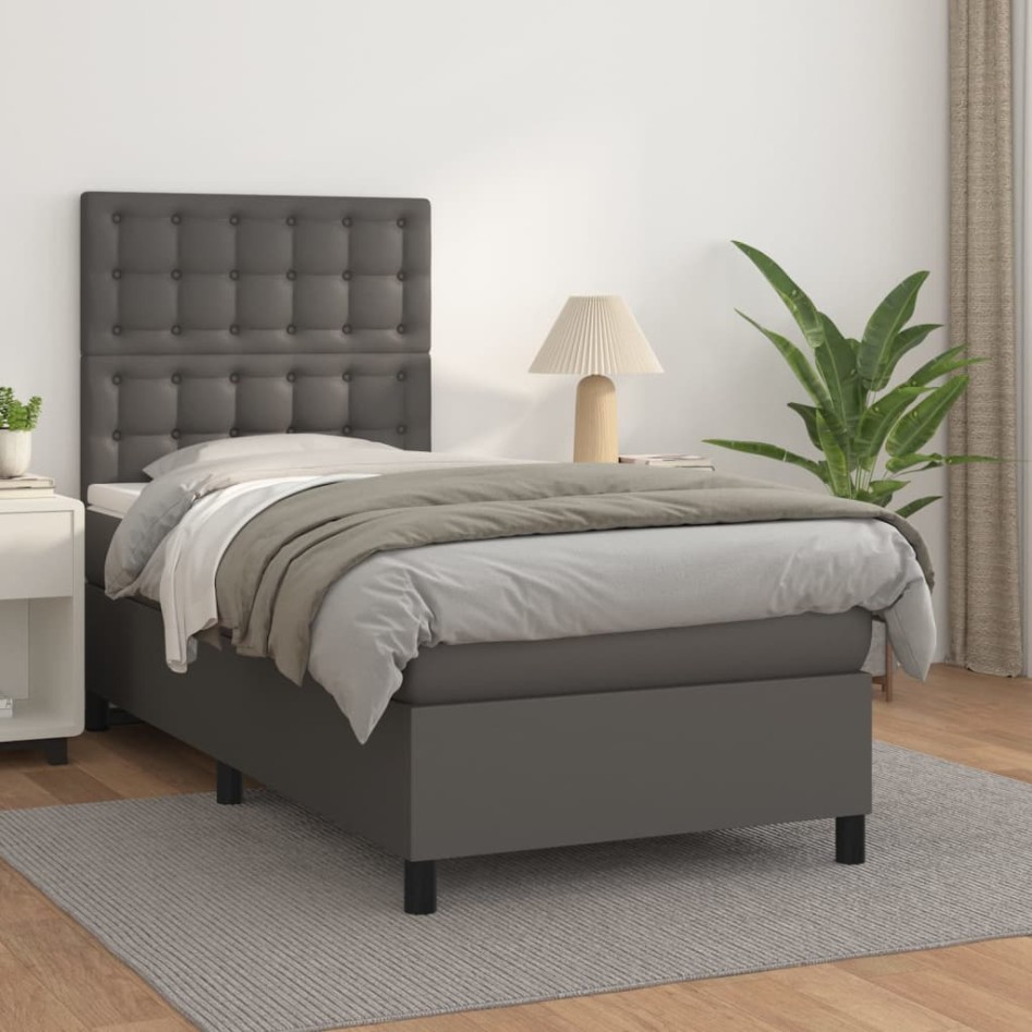 Cama box spring con colchón cuero sintético gris 100x200